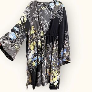 CITRON Santa Monica Silk Kimono Duster Robe‎ Front Tie Plus 3X Floral Art  Boho